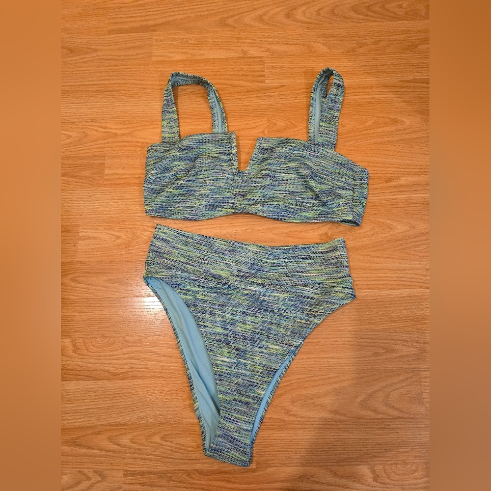 Blue and Green Patterned Bikini Set